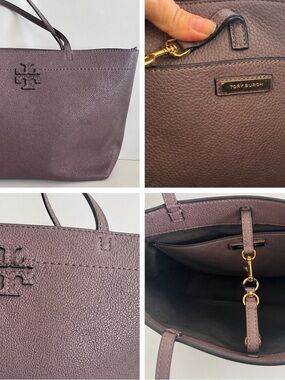 Tory Burch Plum Pebbled Leather Tote with Gold Hardware